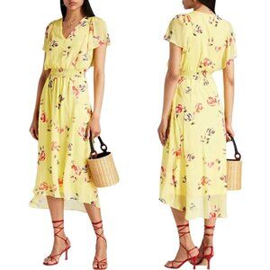 DKNY Shirred Floral Print Crepon Midi Dress Womens 14 Yellow Flutter Sleeve Chic